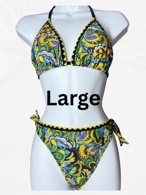 Women's Black Multicolor Paisley Tie-Strap Bikini Set Large